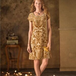 Sundance Gold Floral Burnout Velvet & Silk Beaded Embellished Dress Size 16